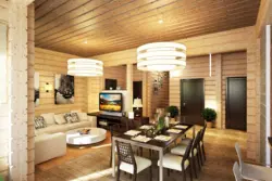 Living Room In A Wooden House Made Of Timber Interior Photo
