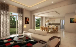 Design of a living room combined with a kitchen and access to the terrace