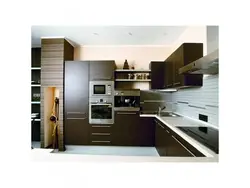 Photos of corner kitchens with built-in appliances and counter