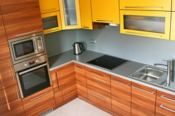 Photos of corner kitchens with built-in appliances and counter