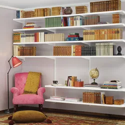Book racks in the interior of a living room in a city apartment
