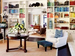 Book racks in the interior of a living room in a city apartment