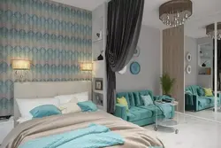 Turquoise gray bedroom interior photo
