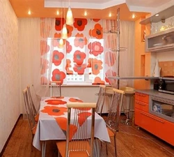 Orange kitchen in the interior photo with which curtains
