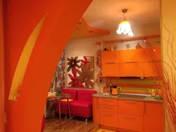 Orange kitchen in the interior photo with which curtains