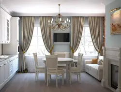 Interior of curtains in the kitchen with two windows