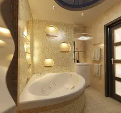 Дәретханамен біріктірілген бұрыштық ванна бөлмесінің интерьері