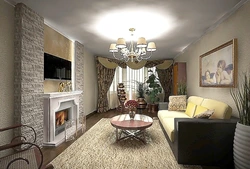 Interior of a living room with a fireplace in an apartment of 18 sq m