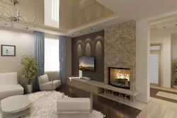 Living room design 18 square meters with fireplace