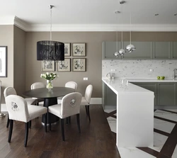 Combination of gray color in the interior of the kitchen and living room