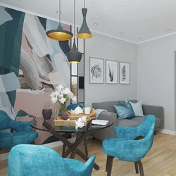 Combination of gray color in the interior of the kitchen and living room