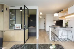 Studio apartment design 30 sq m with kitchen and bedroom