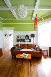 Living room interior with green ceiling