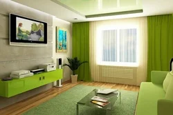 Living room interior with green ceiling
