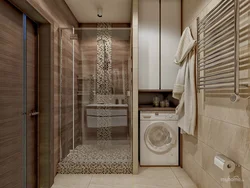 Mənzildə tualet və paltaryuyan maşın olan duş otağının dizaynı