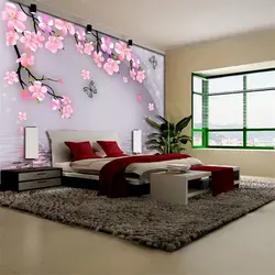 Yataq otağının interyerində Sakura divar kağızı