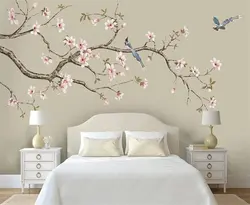Yataq otağının interyerində Sakura divar kağızı
