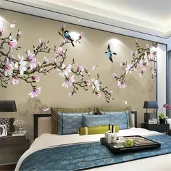 Sakura wallpaper in the bedroom interior