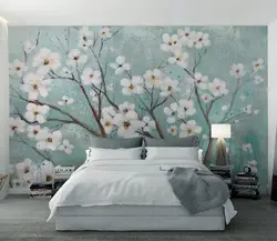 Sakura wallpaper in the bedroom interior