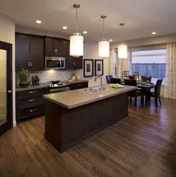 Interior white kitchen brown floor