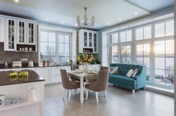 Kitchen living room with panoramic windows design photo