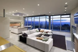 Kitchen living room with panoramic windows design photo
