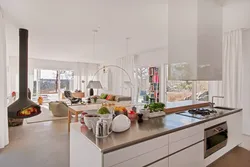 Kitchen living room with panoramic windows design photo