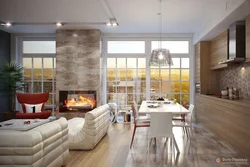 Kitchen living room with panoramic windows design photo