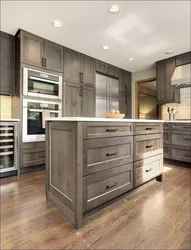 Kitchen design in gray tones with wood