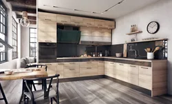 Kitchen design in gray tones with wood