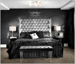 Bedroom with black wallpaper design photo