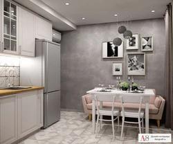 Kitchen with white furniture and gray wallpaper photo