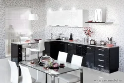 Kitchen With White Furniture And Gray Wallpaper Photo