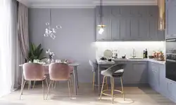 Kitchen with white furniture and gray wallpaper photo