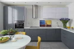 Kitchen with white furniture and gray wallpaper photo