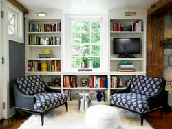 Cabinets by the window in the living room interior