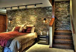 Bedroom interior with stone on the wall