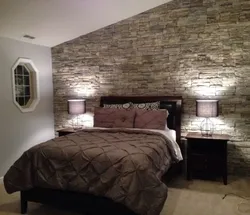 Bedroom interior with stone on the wall