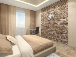 Bedroom Interior With Stone On The Wall