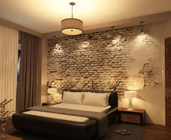 Bedroom Interior With Stone On The Wall
