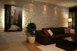 Living room design with stone wall