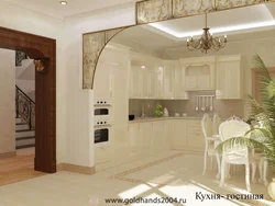 Kitchen with an arch to the living room in the apartment photo