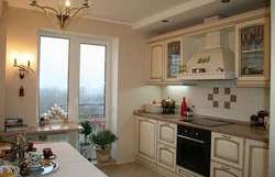 Kitchen design for 12 sq m with access to the balcony