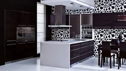 Black wallpaper in the kitchen design photo