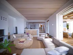 Wooden ceiling in the interior of the apartment