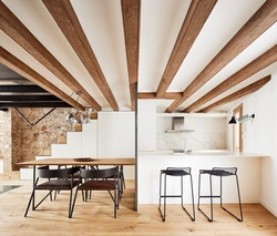 Wooden ceiling in the interior of the apartment