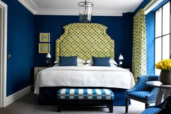 Дизайн спальни синий желтый
