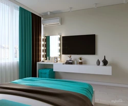Turquoise Curtains In The Bedroom Interior Photo