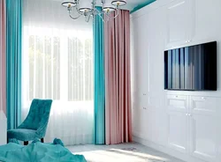 Turquoise Curtains In The Bedroom Interior Photo