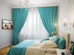 Turquoise curtains in the bedroom interior photo